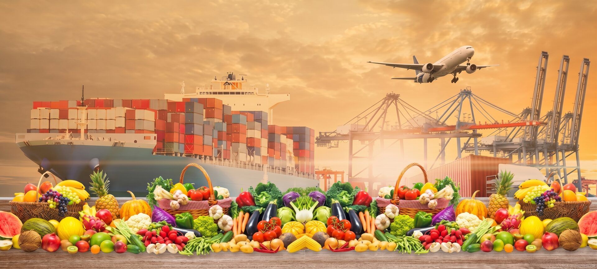 Cargo ship, aircraft and port cranes with fresh produce, showing import and export from India
