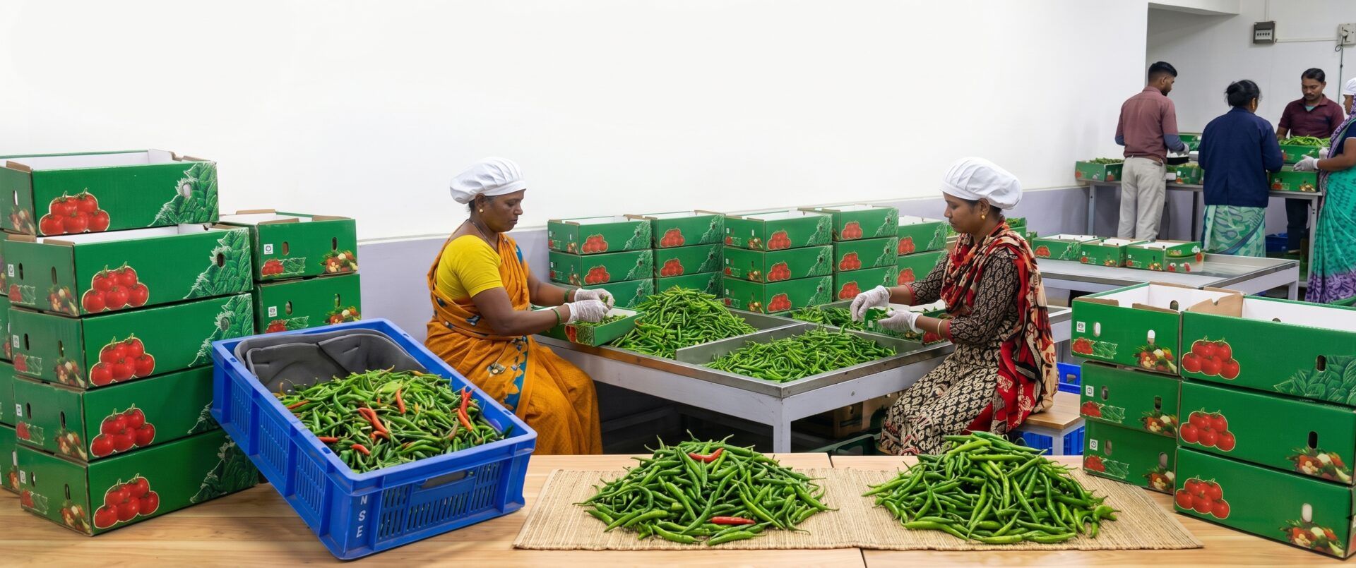 Fresh green chillies being sorted and packed for export