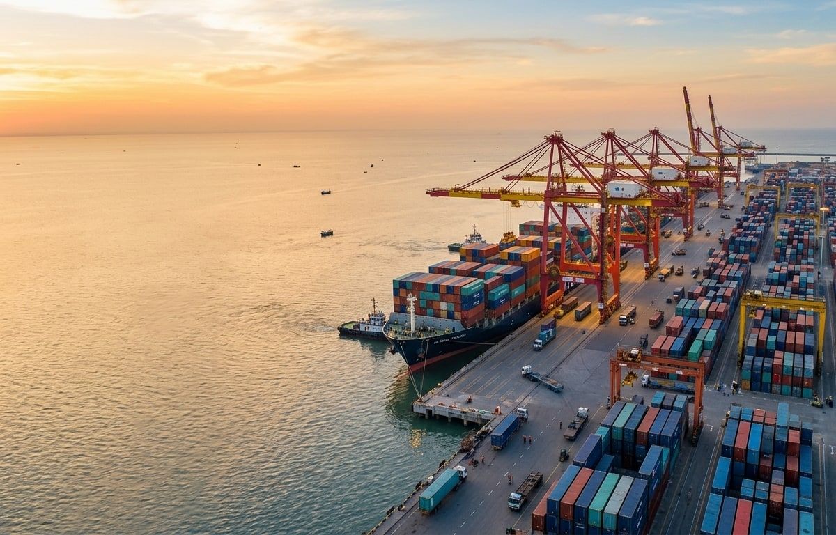 Aerial view of a container port with cranes loading a cargo ship at sunset
