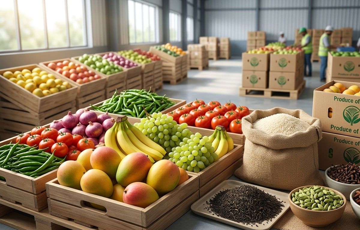 Crates of Indian mangoes, bananas, grapes, tomatoes, rice and spices packed for export