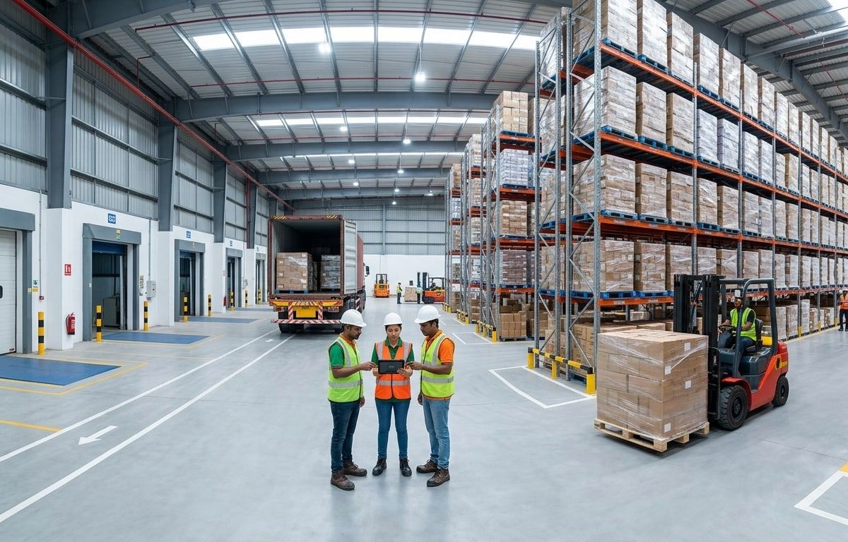 Modern warehouse with racks of export cartons, a forklift and a container being loaded